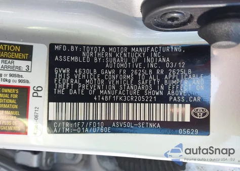 2012 Toyota Camry Le z USA, uszkodzony, nr VIN 4T4BF1FK3CR205221